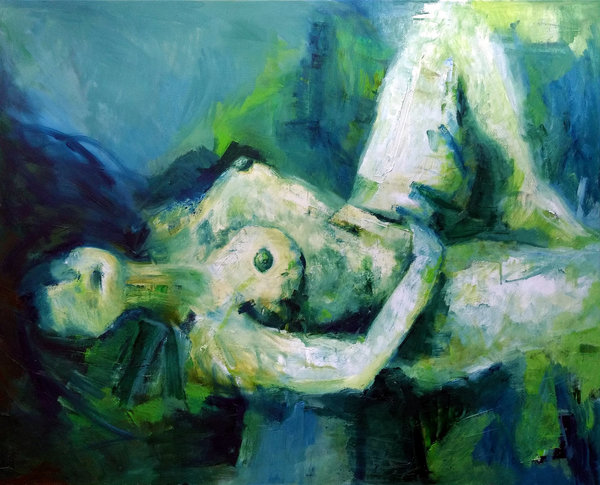 nude art (Blau/Grün) Öl auf Leinwand, Unikat