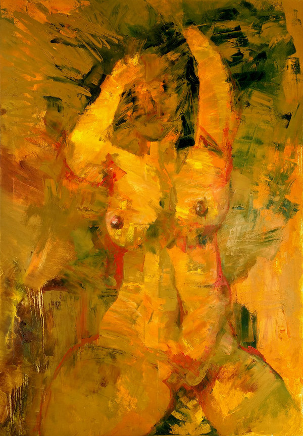 nude art (Grün/Orange) Öl auf Leinwand, Unikat